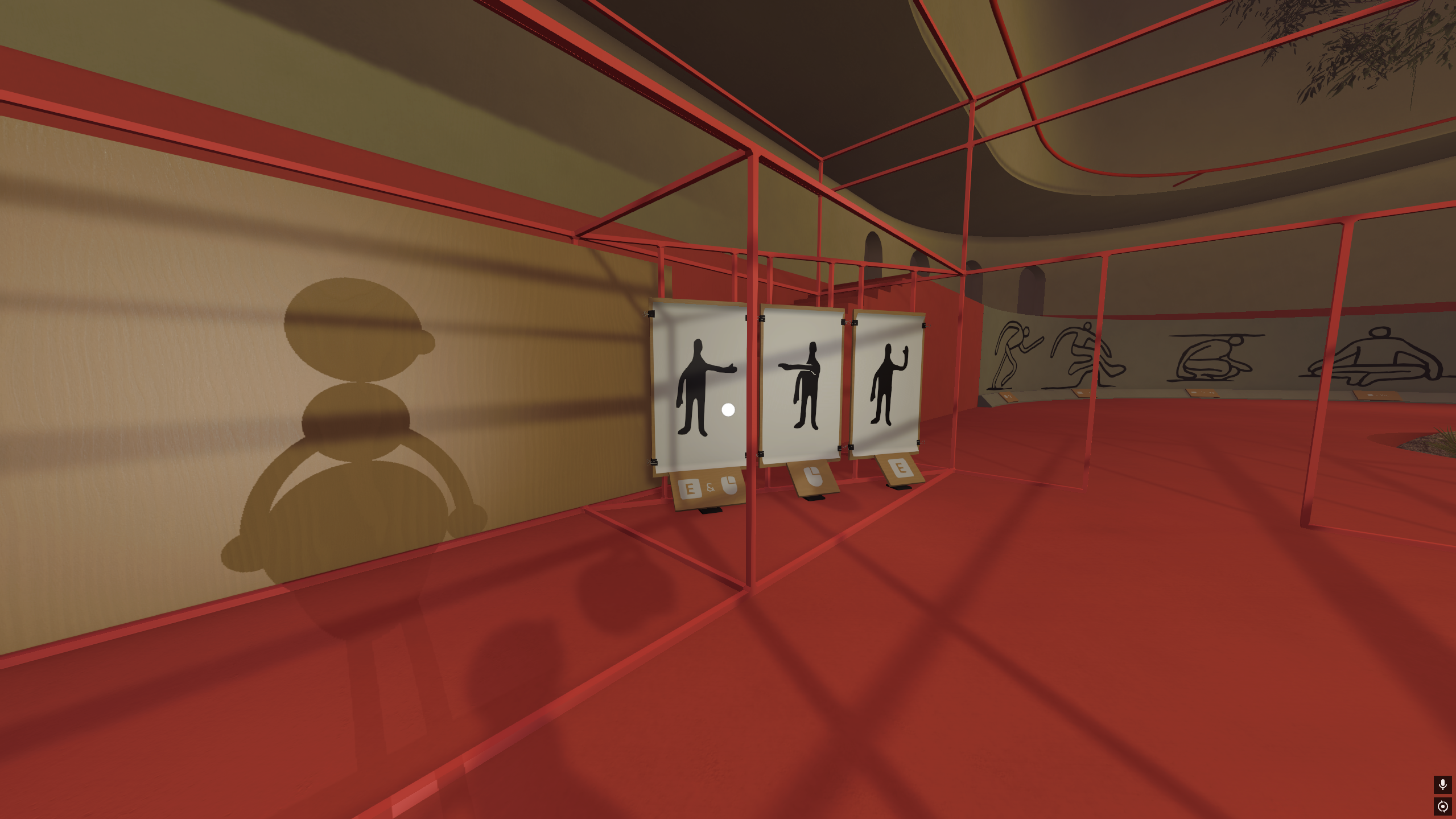 Two screenshots showing in-game signs depicting pantomime poses and arm positions.