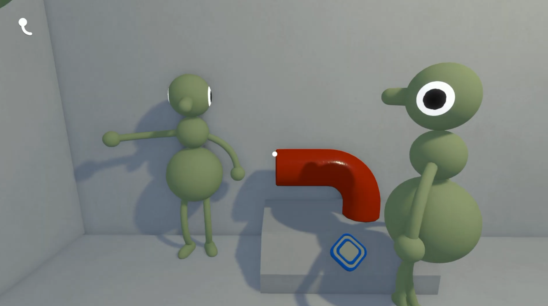 Two screenshots showing players using arm gestures to communicate which abstract sculpture to select.